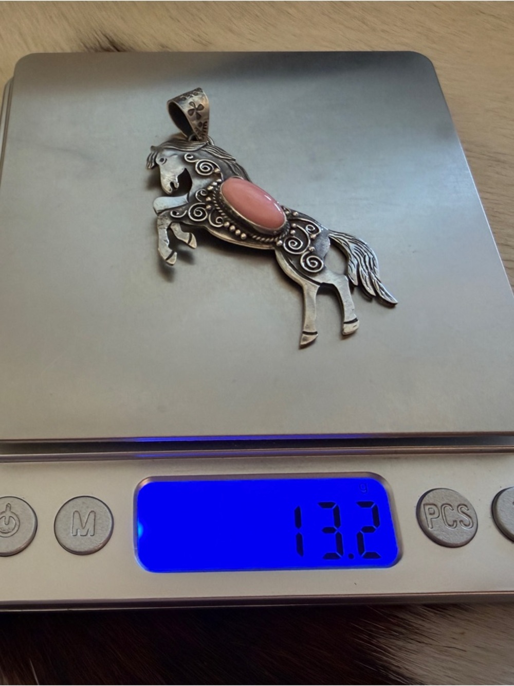 ❤️ Queen Pink Conch Sterling Hand Stamped Statement Rearing Horse Pendant 2.51”L - Picture 10 of 13